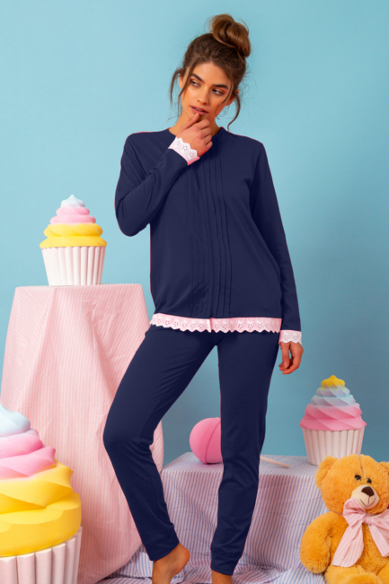 Pigiama lungo donna cotone aperto con inserti in pizzo San Gallo Milk and Honey