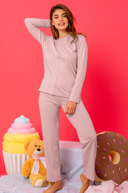 Pigiama lungo donna con inserti in pizzo Milk and Honey
