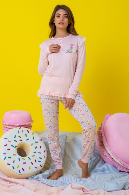 Pigiama donna cotone manica lunga con dettagli in tulle Milk and Honey