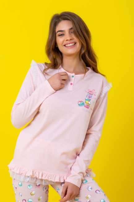 Pigiama donna cotone manica lunga con dettagli in tulle Milk and Honey