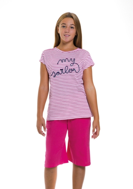 Pigiama ragazza in cotone mezza manica con pantalone bermuda e dettaglio ricamo Milk and Honey