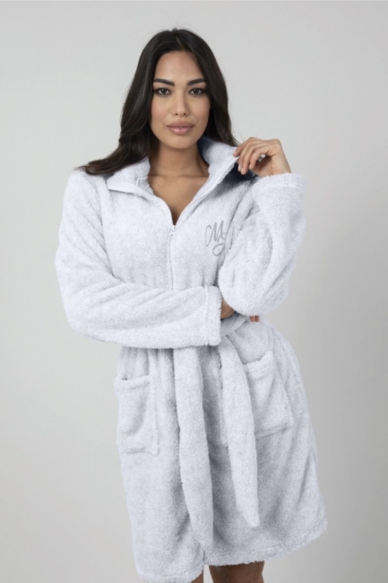 Vestaglia donna in morbido pile con collo alto e zip ed elegante ricamo logo