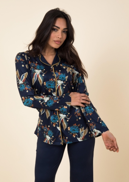 Pigiama donna in elegante e morbida viscosa, fantasia orientale, abbottonatura frontale e dettagli in contrasto linea Tereia by Milk and Honey