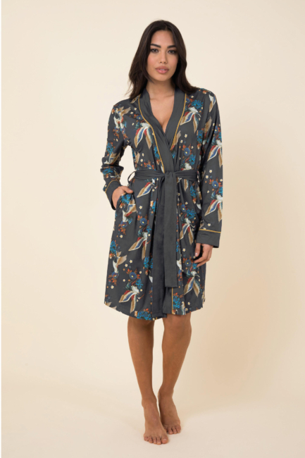 Vestaglia donna elegante con fantasia orientale e dettagli a contrasto linea Tereia by Milk and Honey