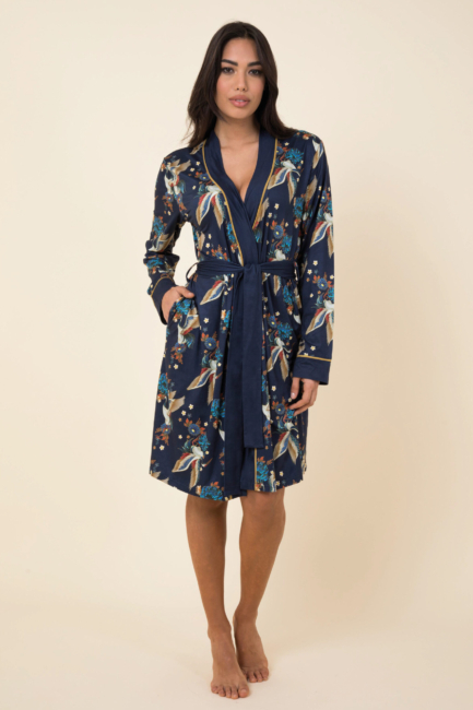 Vestaglia donna elegante con fantasia orientale e dettagli a contrasto linea Tereia by Milk and Honey